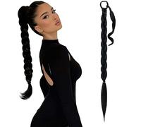 SEGO 32 Inch Long Braided Plait Ponytail Hair Extension Straight Wrap Around Pony Tail Hair Pieces, Black