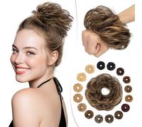 SEGO Human Hair Messy Bun Hair Scrunchies Curly Wavy Hair Piece Real Remy Donuts Updo Chignon Highlighted For Women Girls,#1BP6 Natural Black&Light Brown