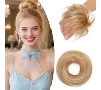 SEGO Human Hair Messy Bun Hairpieces Real Scrunchies Smoothed Updo Donut Chignon Wavy Ponytail Extensions for Women Girls,#12P613 Golden Brown&Bleach Blonde