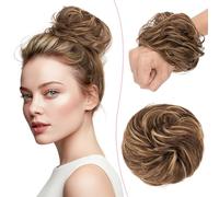 SEGO Human Hair Messy Bun Scrunchie Updo Real Bun Hair Piece Donuts Updo Chignon for Women Ponytail Hair Extension VOLUMINOUS Curly Wavy- #4/27 Medium Brown Mixed Dark Blonde