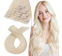 SEGO Pro Clip in Hair Extensions Real Human Hair Full Head 8 Pcs 18 Clips Seamless Thin Weft, 24 Inch 80g #70 Bleach White