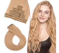 SEGO Pro Clip in Real Human Hair Extensions Full Head 8 Pcs 18 Clips 22 Inch 75g 27# Dark Blonde Seamless Thin Weft Straight Hair Clip Ins for Women
