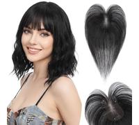 SEGO Pro Real Human Hair Topper with Bangs Fringe for Women Thinning Hair, 2.8"x4.3" Hand-Tied Full Lace Base Hairpiece, Wispy Fringe Bangs, 1B# Natural Black
