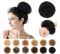 SEGO Pro Voluminous Messy Real Human Hair Bun Scrunchie Curly Donut Bun Hair Piece for Women, 30g, 1# Jet Black