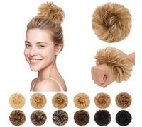 SEGO Pro Voluminous Messy Real Human Hair Bun Scrunchie Curly Donut Bun Hair Piece for Women, 30g, 6/613 Light Brown & Bleach Blonde
