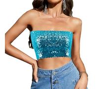 Segreto Women's Glitter Sequin Tube Top Sexy Sleeveless Vintage Bandeau Top Mermaid Strapless Crop Top Party Tank Top, short lake blue, One size