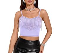 Segreto Women's Sexy Rhinestone Tassel Sleeveless Crop Top Bling Diamond Fringe V-Neck Spaghetti Straps Top Tank Tube Tops Camisole, purple shirt, Large