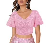Segreto Women's Shiny Sequin Tops Ruffle Short Sleeve V-Neck Glitter Crop Tops Elegant Blouses T-Shirts Party Rave Outfits, Sparkle Pink, L
