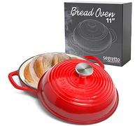 Segretto Cookware Enameled Cast Iron Bread Pan with Lid, 11” Red Bread Oven Cast Iron Sourdough Baking Pan, Dutch Oven for Bread, No Seasoning Needed -