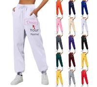 Seguire Personalised Womens Joggers Sweatpants with Embroidered Name Text Casual Jogging Pants Sports Sweatpants Personalised Drawstring Elastic Waist Tracksuit Bottoms Women White