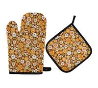 Segur Orange 60s 70s Style Oven Mitts and Pot Holders Sets Retro Floral Kitchen Glove Holder Heat Resistant Kitchen Mittens for BBQ Baking Grilling