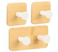 Segus Bamboo Wooden Towel Holder, Pack of 3 Wall Hooks, White, Natural, Self-Adhesive, Adhesive, Extra Strong, Modern, Portable, STORAGE_HOOK, Hanging Clothes, Scarf, Hat, Umbrella, Headphones