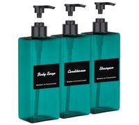 Segus Shower Gel Dispenser, 3 Pieces 500ml Pump Dispenser, Plastic Soap Bottles with Labels, Empty and Leakproof, Refillable Hand Wash Bottles, Green