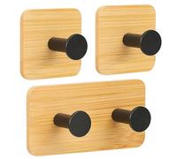 Segus Wooden Towel Rail, Wall Hooks, Self-Adhesive Hooks, Extra Strong, Pack of 3 Towel Holders, Bamboo, Coat Hooks Wall for Jacket, Scarf, Hat (Living Room, Office, Bedroom)