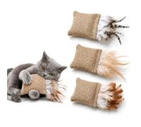 SEGXN 3 Pack Catnip Toys for Indoor Cats, Natural Linen Cat Feather Toys with Bells, Durable Kitten Chew Toys for Bunny Kicking, Biting, Teeth Cleaning & Boredom Relief