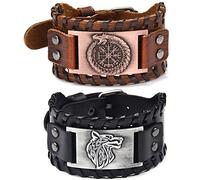 Sehaby 2 Pieces Viking Bracelets, Brown Compass Rune, Black Wolf Head, Handmade Braided Leather, Nordic Celtic Knot, Vintage Bracelet for Women Men