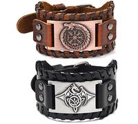 Sehaby 2 Pieces Viking Leather Bracelets, Flying Dragon Totem Bracelet, Vintage Compass Bracelet, Adjustable Cowhide Bracelet, Celtic Knot Cuff Bracelet for Men,SY062-HlongYfeilo-PSL