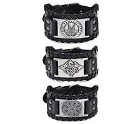 Sehaby 3 Pieces Black Medieval Leather Bracelets, Viking Thor's Hammer, Flying Dragon, Irish Knot Cuffs for Women Men