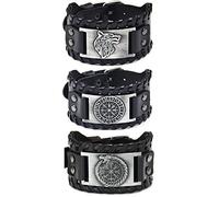 Sehaby 3 Pieces Black Viking Leather Bracelets, Nordic Wolf Head Bracelets, Vintage Bracelets with Runic Compass, Medieval Dragon Head Compass Bracelets for Women Men