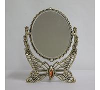 SEHAMANO Vintage Antique Butterfly Patterned Metal Frame Makeup Table Mirror, Decorative Oval Shaped Stand Mirror, Vanity Cosmetic Double Sided Rotatable Ellipse Mirror (Brass (Matt Gold), Medium)