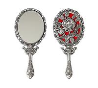SEHAMANO Vintage Hand Mirror with Embossed Rose - Metal Compact Purse Mirror (Matt Silver)