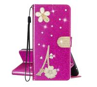 SEHEYA Compatible with iPhone Air/iPhone 17 Air Wallet Case Glitter Paris Tower Diamond Flower Design PU Leather Card Holder Book Flip Cover Women Girls Mobile Phone Holster, Magenta