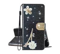 SEHEYA Compatible with Samsung Galaxy S25 Edge Wallet Case Glitter Paris Tower Diamond Flower Design PU Leather Card Holder Book Flip Cover Women Girls Mobile Phone Holster, Black