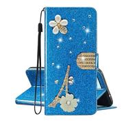 SEHEYA Compatible with Samsung Galaxy S25 Edge Wallet Case Glitter Paris Tower Diamond Flower Design PU Leather Card Holder Book Flip Cover Women Girls Mobile Phone Holster, Blue