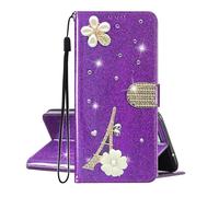 SEHEYA Compatible with Samsung Galaxy S25 Edge Wallet Case Glitter Paris Tower Diamond Flower Design PU Leather Card Holder Book Flip Cover Women Girls Mobile Phone Holster, Purple