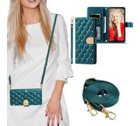 SEHEYA Crossbody Lanyard Case for Samsung Galaxy A20e / A10e Adjustable Strap Phone Holster PU Leather Brilliant Glitter Diamond Folio Magnetic Wallet Cover with Card Slots, Dark Green