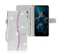 SEHEYA Flip Wallet Cover for Huawei P40 Lite/Nova 6 SE Glitter Case Sparkly PU Leather Handbag Cover Bling Wrist Strap Purse Card Holder Kickstand Magnetic Closure Book Flip Case, Silver
