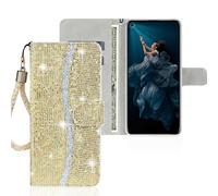 SEHEYA Flip Wallet Cover for iPhone 12 Mini Glitter Case Sparkly PU Leather Handbag Cover Bling Wrist Strap Purse Card Holder Kickstand Magnetic Closure Book Flip Case, Gold