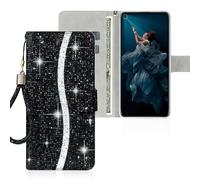 SEHEYA Flip Wallet Cover for iPhone 12 Mini Glitter Case Sparkly PU Leather Handbag Cover Bling Wrist Strap Purse Card Holder Kickstand Magnetic Closure Book Flip Case, Black