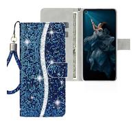 SEHEYA Flip Wallet Cover for iPhone 13 Mini Glitter Case Sparkly PU Leather Handbag Cover Bling Wrist Strap Purse Card Holder Kickstand Magnetic Closure Book Flip Case, Blue