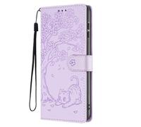 SEHEYA for Honor Magic 7 Lite 5G / X9C 5G / X60 Pro 5G Wallet Case Flower Cat Embossed PU Leather Flip Cover Magnetic Buckle Protective With Wrist Strap Card Slots Kickstand Cases, Purple