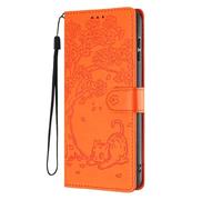 SEHEYA for Motorola Moto G22 4G / E32S Wallet Case Flower Cat Embossed PU Leather Flip Cover Magnetic Buckle Protective With Wrist Strap Card Slots Kickstand Cases, Orange