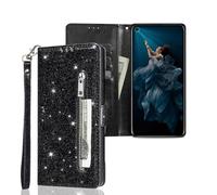 SEHEYA Wallet Case for Xiaomi Mi A3 / Xiaomi Mi CC9E Glitter Case Zipper Pocket Wallet Cover Sparkly PU Leather Purse Flip Folio Case Wrist Strap Card Holder Kickstand Handbag Cover, Black