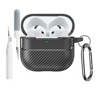 SEIAIYG Case Compatible with AirPods 4 2024, TPU Shockproof Case Cover, Carbon Fiber Texture with Keychain Cleaning Pen, Black