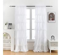 Seibeh Tex Sheer Ruffled Curtain Shabby Chic Textured Window Panel for Bedroom with Sheer Overlay 2 Panels 84x54 Inch White