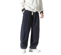 Seidarise Men's Corduroy Pants Straight Baggy Wide Leg Stretch Elastic Waist Drawstring Relaxed Fit Trousers Pant, Navy, XXL