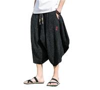 Seidarise Men's Japanese Kimono Traditonal Beach Pants Linen Capri Summer Harem Pants Wide Leg Cropped Pant, 68black, Medium