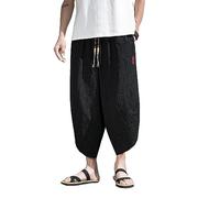Seidarise Men's Japanese Kimono Traditonal Beach Pants Linen Capri Summer Harem Pants Wide Leg Cropped Pant, 09black, Medium