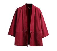 Seidarise Men's Kimono Cardigan Noragi Jacket Japanese Yukata Coat Haori Plus Size - Red - X-Large