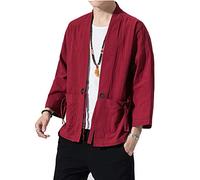 Seidarise Men's Kimono Traditional Japanese Clothing Male Cardigan Noragi Jacket Yukata Coat Haori - Red - Large