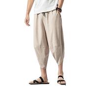 Seidarise Men's Linen Capri Linen Trousers Summer Harem Pants Wide Leg Baggy, Light Grey, Large