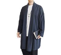 Seidarise Men's Long Kimono Cardigan Jacket Japanese Style Flying Crane Open Front Coat, A-navy, XXL