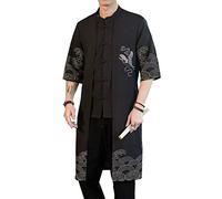 Seidarise Men's Long Kimono Cardigan Jacket Japanese Style Flying Crane Seven Sleeves Open Front Coat - - Medium