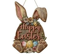 SEIFUD Wooden Easter Bunny Door Wreath, Happy Easter Wall Sign with Flowers and Eggs, Rustic Spring Decoration for Front Door, Home, Indoor and Outdoor (Happy Easter Sign)