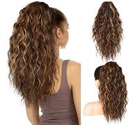 SEIKEA 18" Highlight Ponytail Extension, PT002 Tia Claw Long Multi Layered Fluffy Thick Wavy Curly Jaw Clip in Fake Pony Tails Fake Hair Soft Synthetic Hairpiece Chocolate Brown Blonde Highlights
