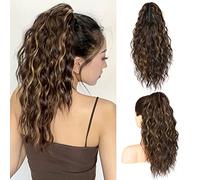 SEIKEA 18" Highlight Ponytail Extension, PT002 Tia Claw Long Multi Layered Fluffy Thick Wavy Jaw Clip in Fake Pony Tails Fake Hair Soft Natural Hairpiece Chocolate Brown Caramel Blonde Highlights